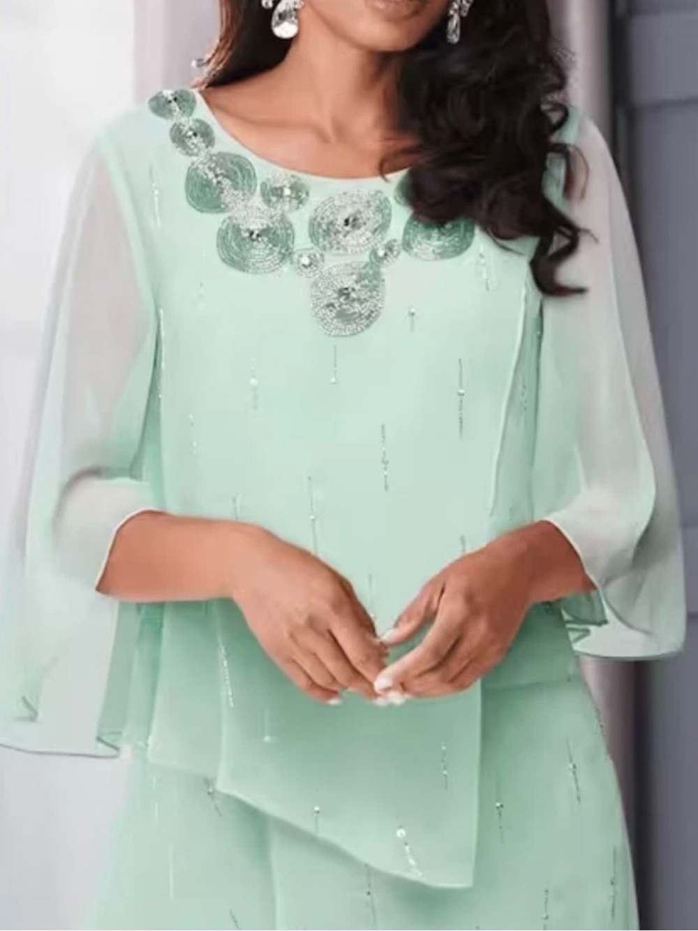 Ashro Sz XL Mist Green 3-Piece Beaded Pant Set Formal Party Church Wedding - Picture 2 of 11